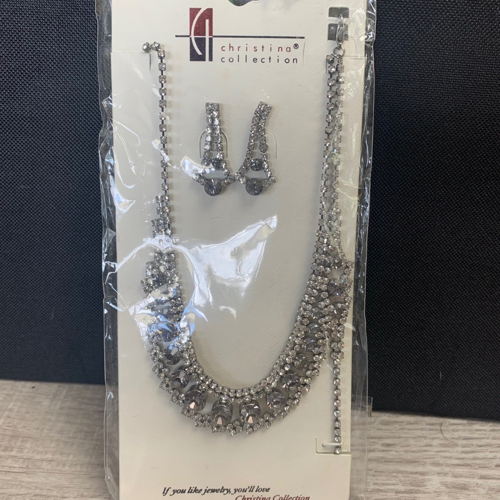 Christina Collection Rhinestone Necklace Earring Set Silver Tone Formal Jewelry